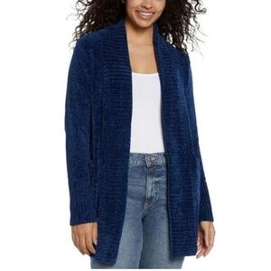 Orvis Womens Blue Cardigan Sweater Chenille Shawl Pockets Soft Cozycore | Large